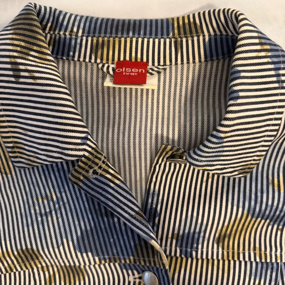 Olsen Europe Womens Blue White Pinstripe Floral Button Front Jacket US 8